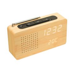 wooden table clock with portable FM radio temperature display