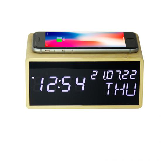Wooden LED Alarm Clock With Wireless Charger & Speaker