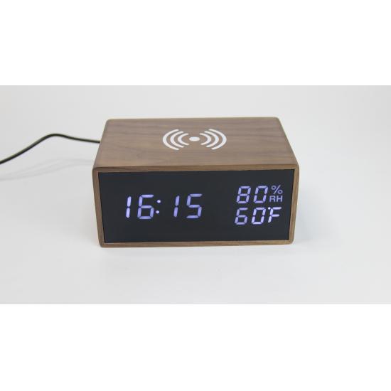 Wooden LED Alarm Clock With Wireless Charger & Speaker