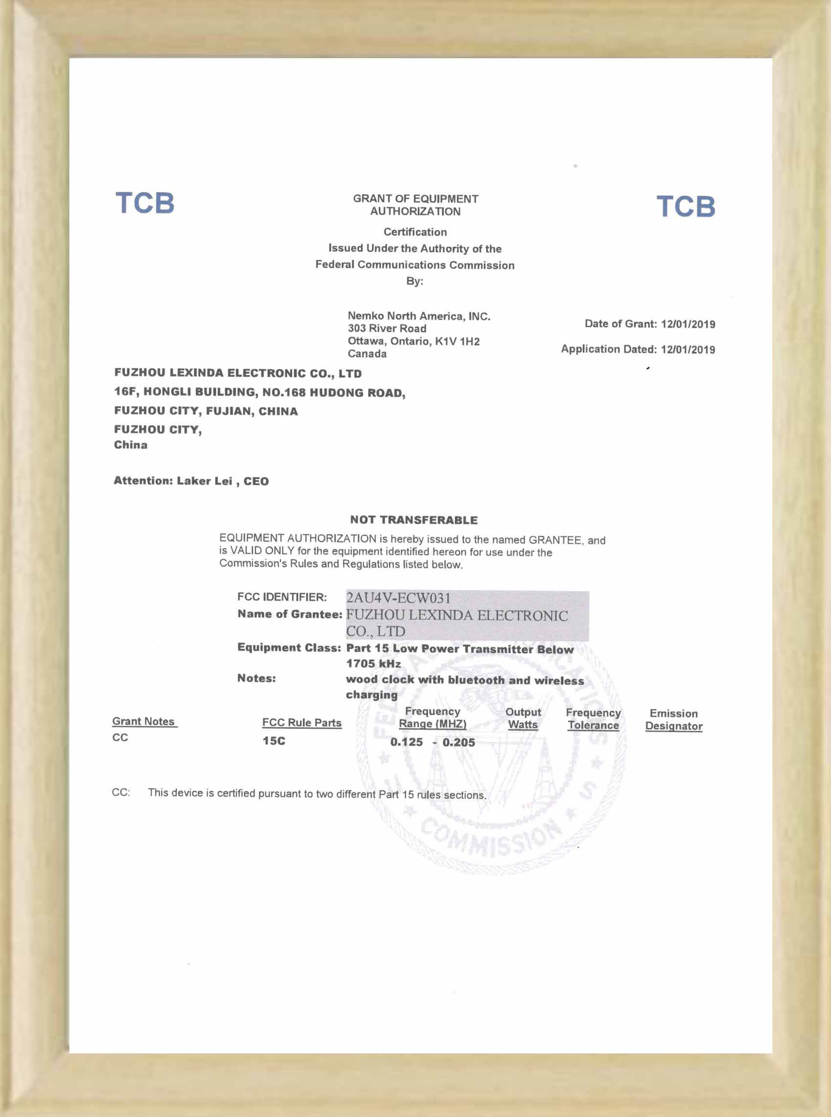 FCC certificate 2 for wireless charger speaker clock