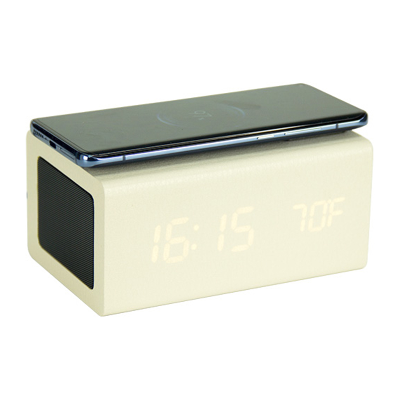 2020 New White Leather Multi-Function Bluetooth Speaker With Wireless Charger And Alarm Clock FCC Approved